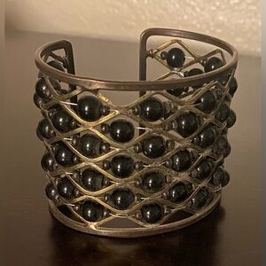 Vintage Black Beaded Metal Wire Cuff Bracelet Statement Jewelry